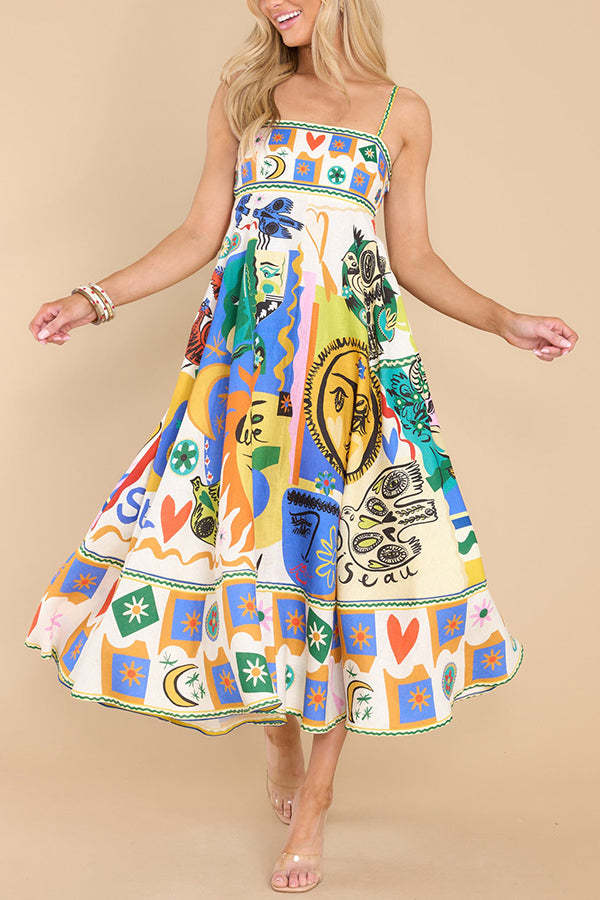 Joyful Glow Goddess Linen Blend Unique Print Pocketed Smocked Back Midi Dress-consonak