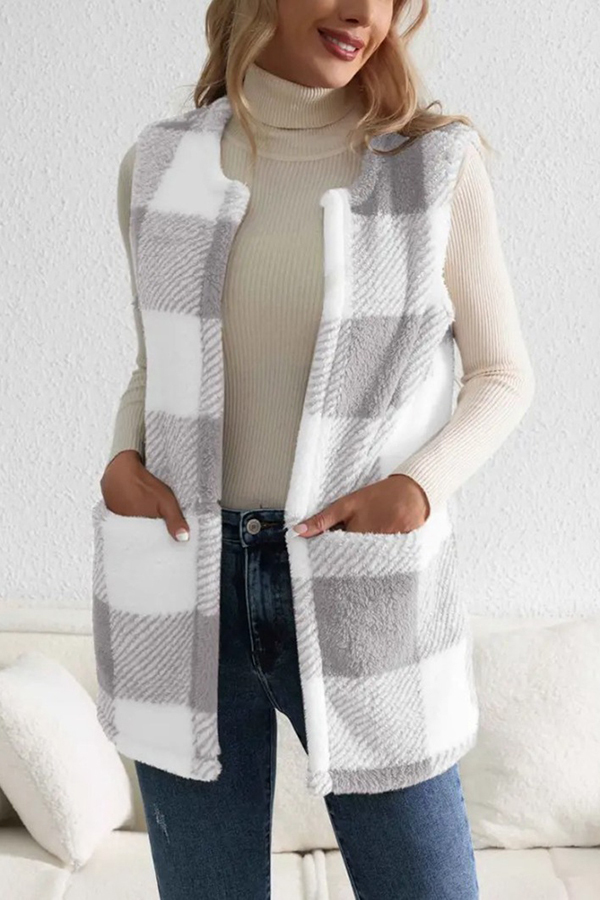 Fashionable Plaid Loose Pocket Sleeveless Jacket-consonak