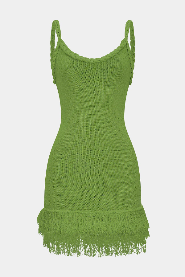 Solid Color Cable Camisole Slim Fit Tassel Knit Mini Dress-consonak