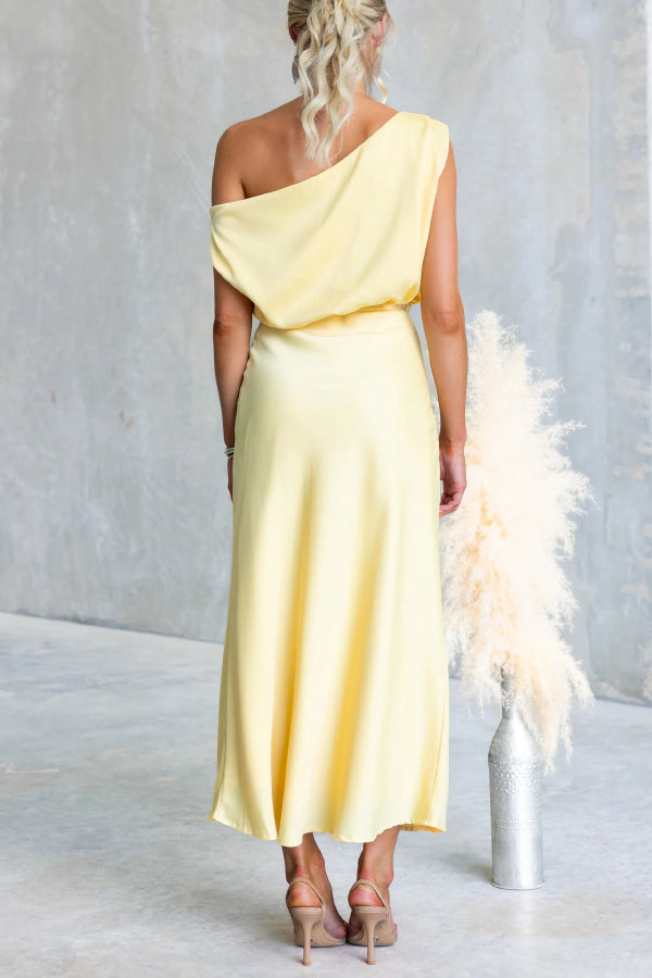 Solid Color One-shoulder Sleeveless Belted Casual Maxi Dress-consonak