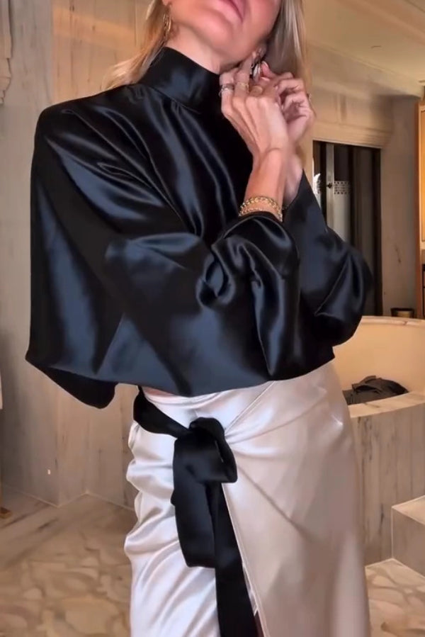 Elegant High-neck Long-sleeved Loose Top and Cross-strap High-slit Maxi Skirt Set-consonak