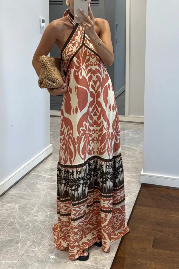 Bohemian Style Unique Print Halter Neck Casual Vacation Maxi Dress