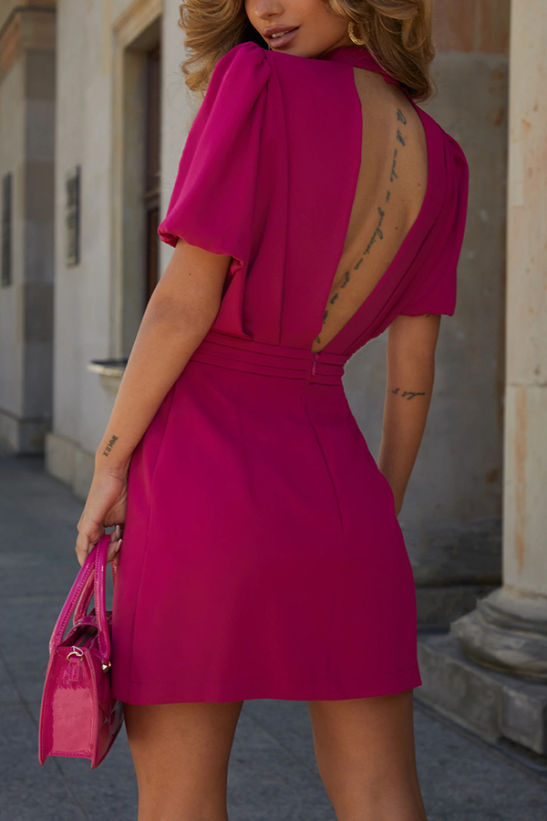 Sweet Surprise Puff Sleeve Rose Ruffles Detail Waist Backless Mini Dress-consonak