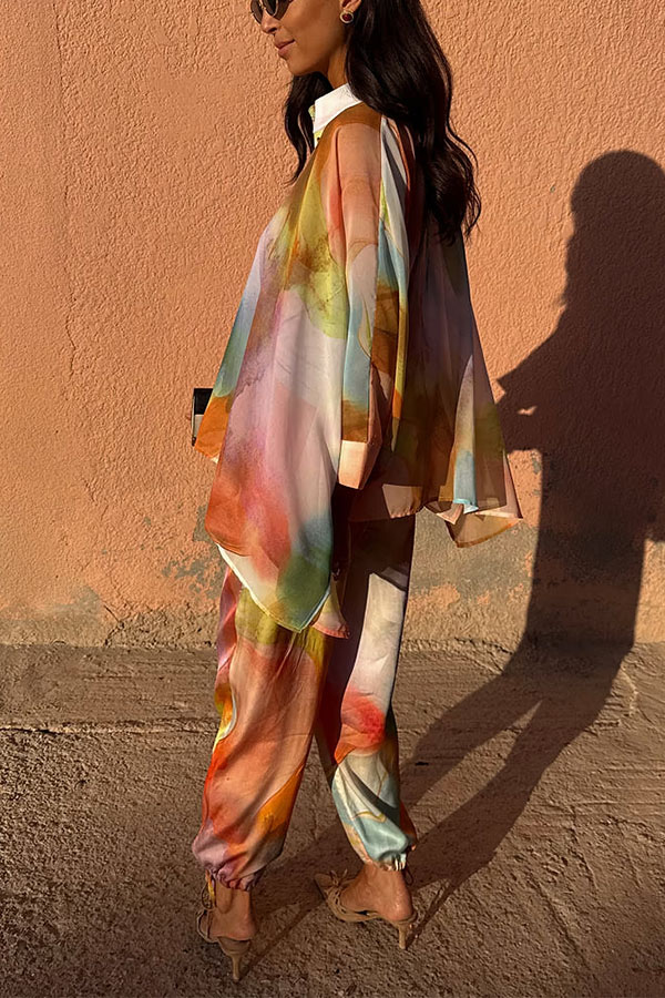 Vacation View Colorful Abstract Print Button Long Batwing Sleeve Oversized Blouse-consonak