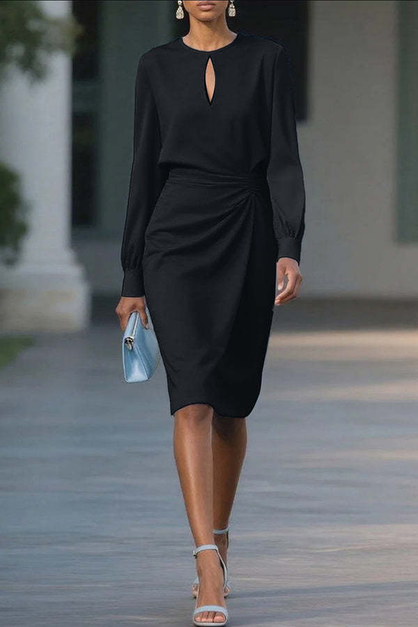 Solid Color Hollow Round Neck Long Sleeve Waisted Midi Dress-consonak