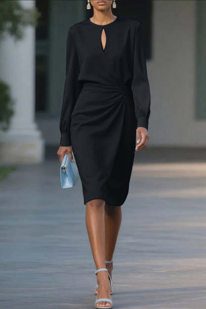 Solid Color Hollow Round Neck Long Sleeve Waisted Midi Dress-consonak