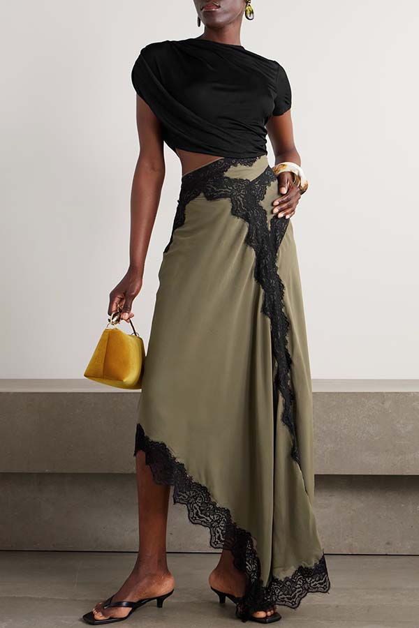 Verve Ribbed Jersey Cutout Waist Asymmetric Satin Lace Hem Maxi Dress | Consonak