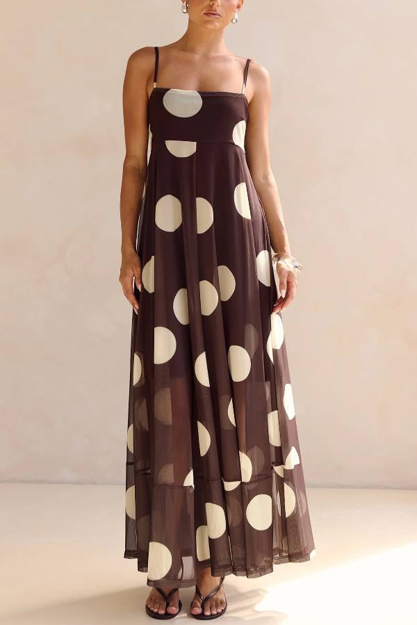 Polka Dot Print Mesh Spaghetti Strap Square Neck Vacation Maxi Dress