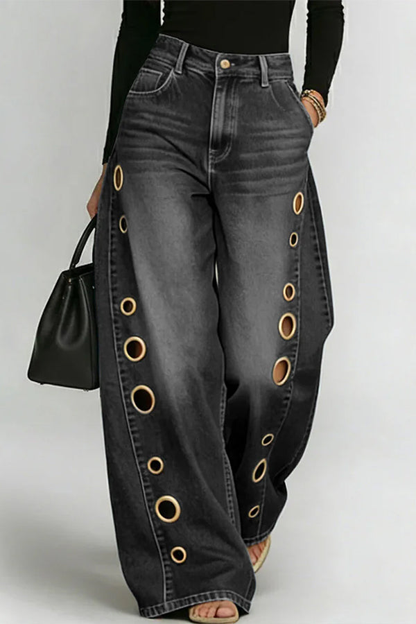 High-Street Edgy Eyelet Cut-Out Baggy Jeans-Consonak