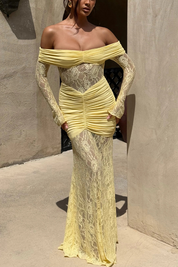 Solid Color Patchwork Lace Off-shoulder Long-sleeved Pleated Slim-fit Maxi Dress-consonak