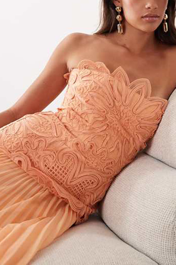 Sun Drifter Abstract Embroidery Cutwork Pleated Chiffon Hem Bandeau Maxi Dress
