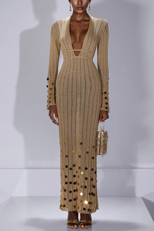 Stylish V-neck Flared Long-sleeved Knit Sequined Maxi Dress-consonak