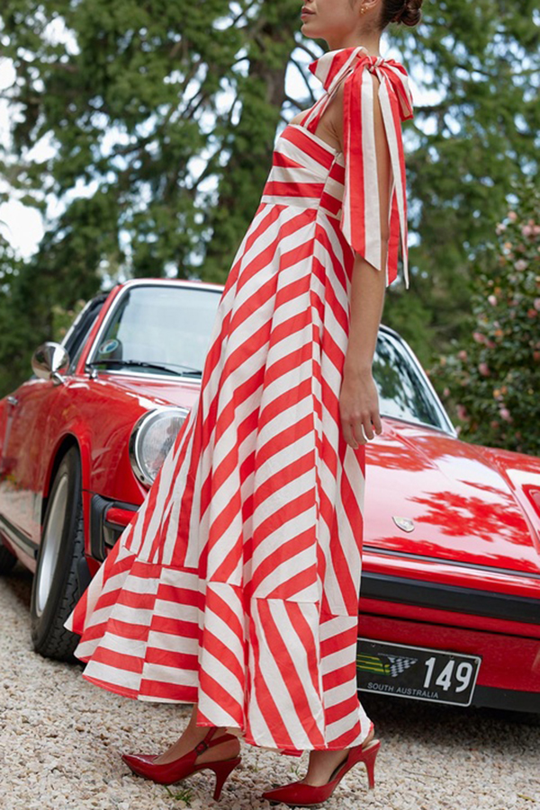 Treasured Times Stripe Print Tie-up Shoulder Pocketed A-line Maxi Dress-consonak