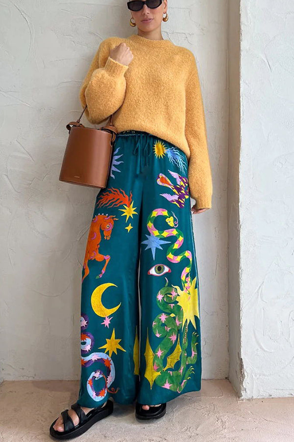 Holiday Pierson Linen Blend Unique Print Elastic Waist Pocketed Wide Leg Pants-consonak
