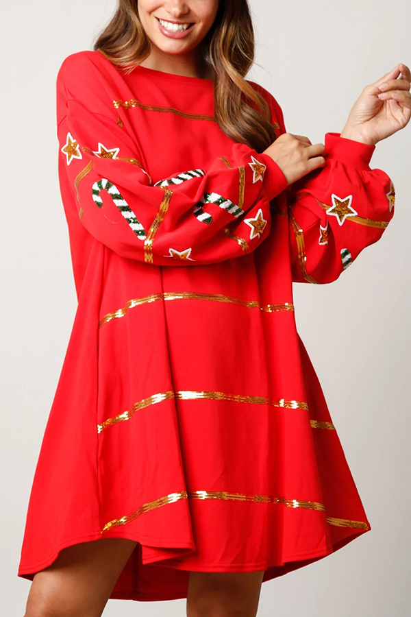 Christmas Candy Sequin Loose Long Sleeve Casual Mini Dress-consonak