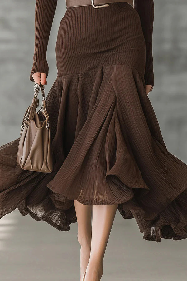 Solid Color V-neck Long-sleeved Patchwork Full Hem Slim-fit Midi Dress