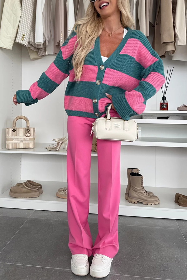 Fashion Contrast Striped Casual V-neck Long-sleeved Knitted Cardigan-consonak