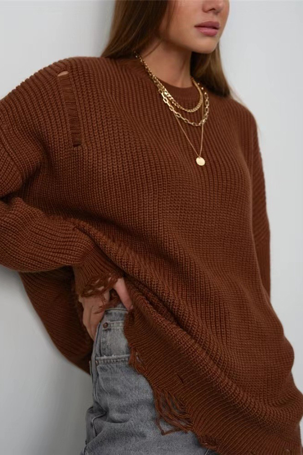 Solid Color Loose Ripped Knitted Mid-length Sweater-consonak