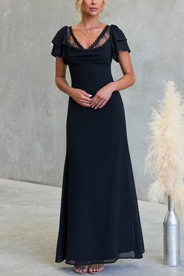 Midnight Charm Lace Detail Cowl Neck Bell Tiered Short Sleeve Maxi Dress