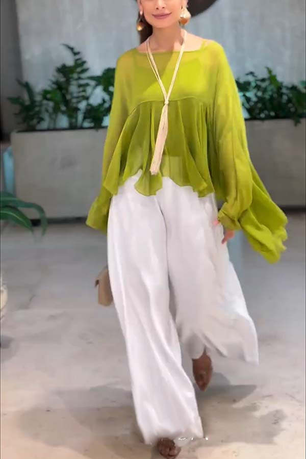 Romantic Journey Chiffon Ruffle Batwing Sleeve Top and Elastic Waist Pocket Loose Pants Set-consonak