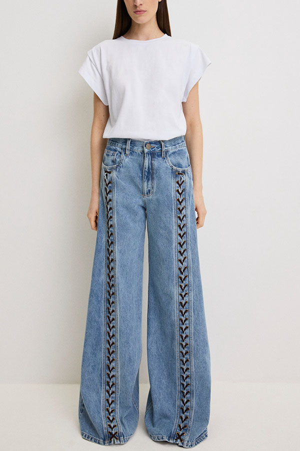 Harloe Denim High Rise Front Center Slit Rope Knot Design Pocket Wide Leg Jeans