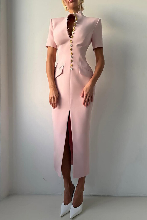 Kathy Unique Metal Pattern Buttons High Neck Short Sleeve Pencil Slit Midi Dress