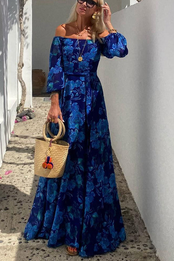 Ladies' One Shoulder Blue Flower Design Sexy Off Shoulder Back Smoke Vacation Long Dress | Consonak