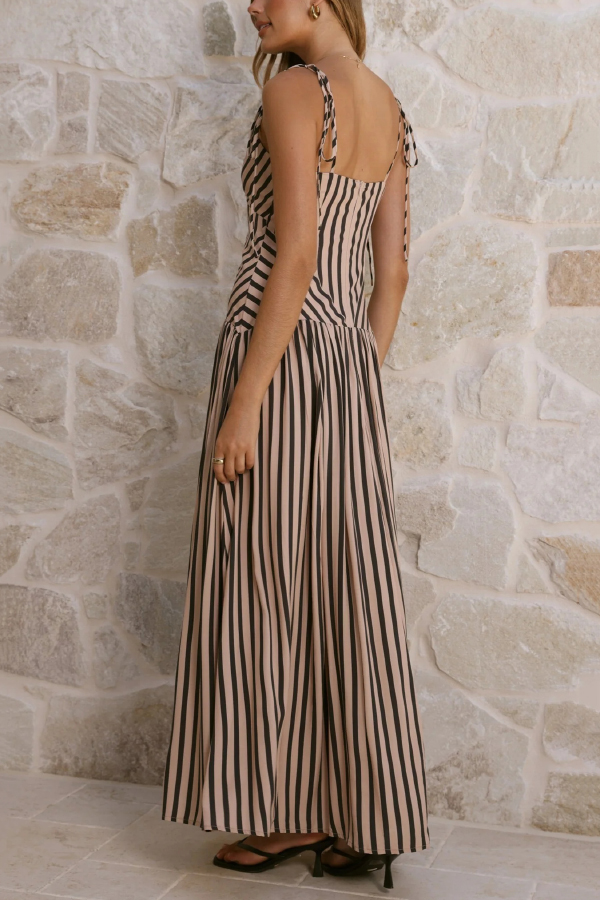 Striped Print Tie Backless Sleeveless V-Neck Elegant Maxi Dress