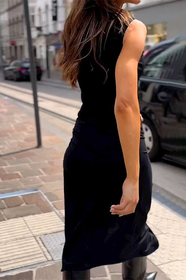 Zella Round Neck Sleeveless Tie Waist Tank Midi Dress-consonak