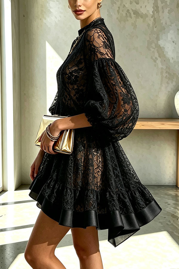 Norah Floral Lace Crew Neck Balloon Sleeve A-line Loose Mini Dress-Consonak