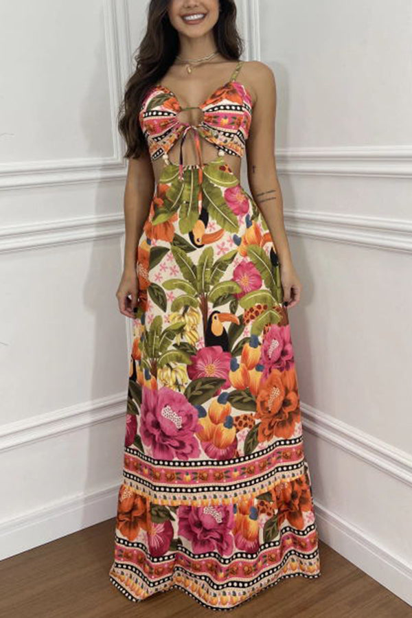 Mexico Style Tropical Print Ring Cutout Lace-up Vacation Maxi Dress-consonak