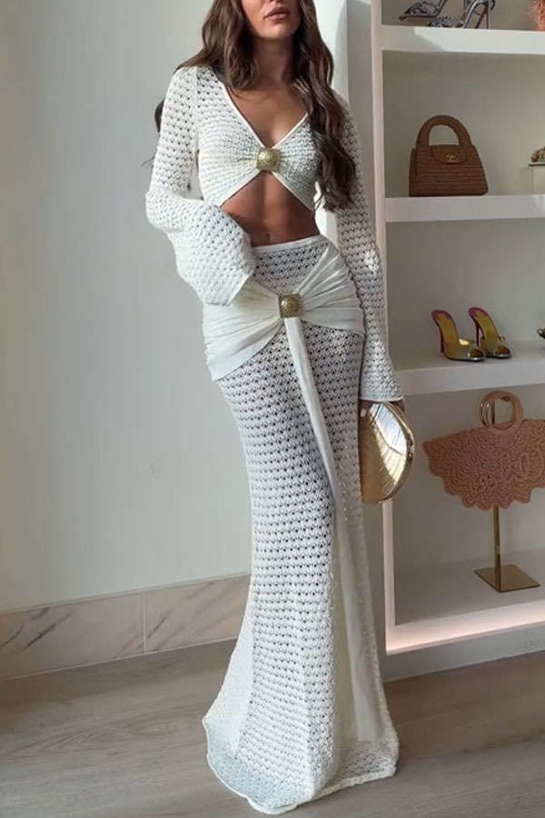 Mania Knit Hardware Detail Bell Sleeve Crop Top and Gathered Overlay Sash Stretch Maxi Skirt Set-consonak