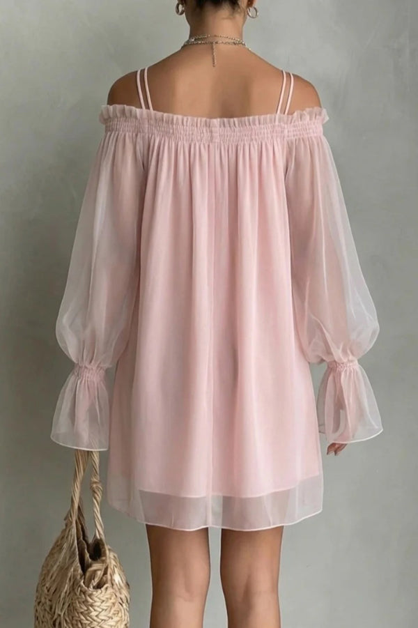 Sheer Long-sleeved Loose-fitting Off-shoulder Dress-Consonak