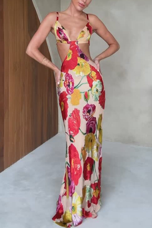 Hawaiian Dreams Satin Floral Print Cutout Backless Maxi Dress-consonak