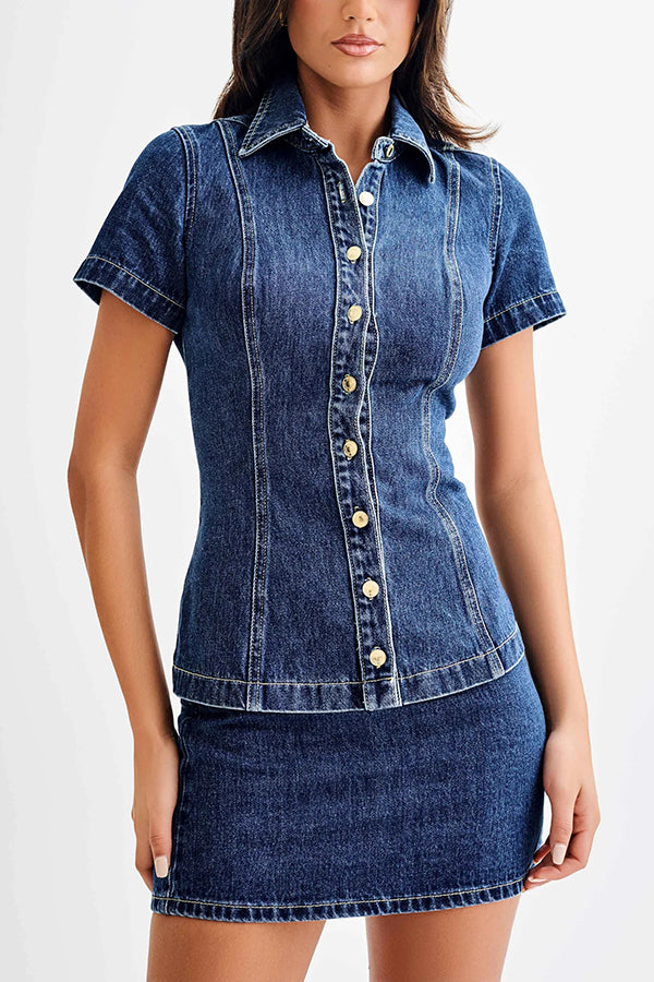 Modern Flavor Denim Short Sleeve Button Up Princess Seams Stretch Top | Consonak
