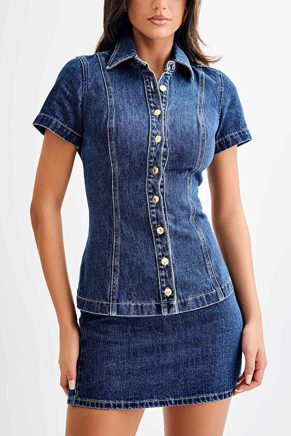 Modern Flavor Denim Short Sleeve Button Up Princess Seams Stretch Top-consonak