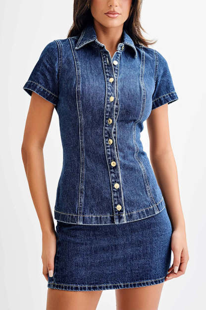 Modern Flavor Denim Short Sleeve Button Up Princess Seams Stretch Top-consonak