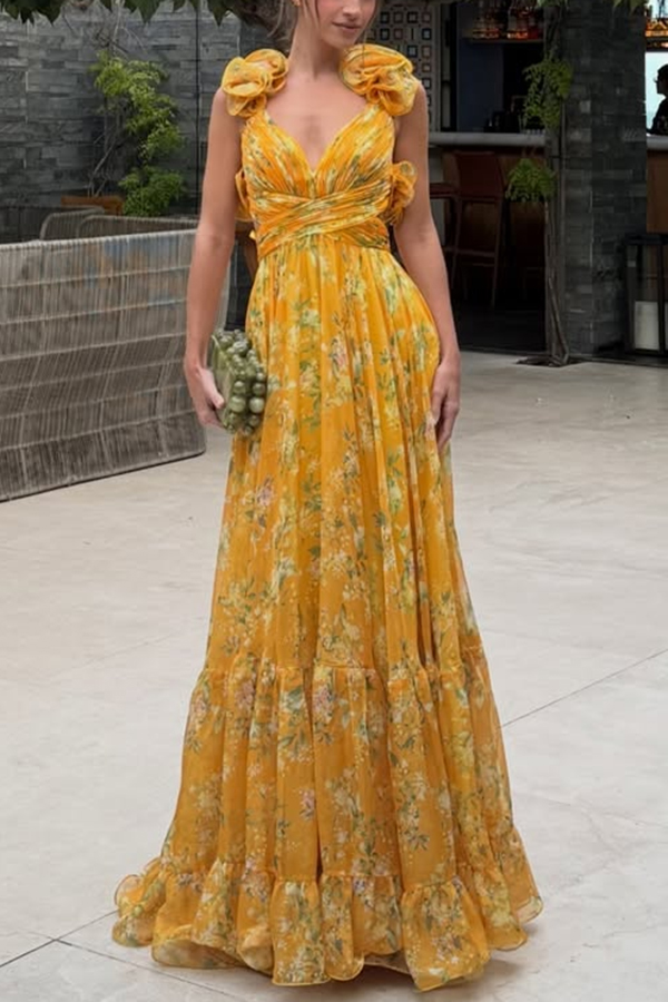 Delicate Garden Chiffon Floral Print Tiered Ruffle Cutout Back Lace-up Gown Maxi Dress