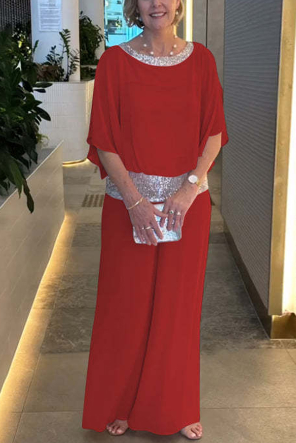 Stylish Sequin Patchwork Dolman Sleeve Top and Elastic Waist Wide Leg Pants Set-consonak
