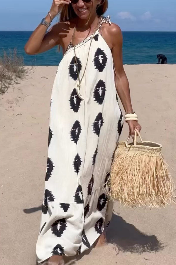 Light luxury style, abundant sunshine, ethnic beach, ocean soaring, printed one shoulder loose long skirt-Consonak