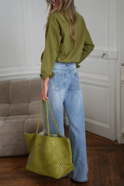 Stylish Denim Colorblock Star Patterned Mid Waist Pocket Wide Leg Jeans