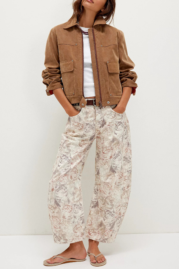 Fashionable Printed Casual Loose Mid-rise Pocket Leg Jeans