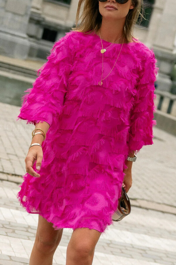 Solid Color Loose Round Neck Casual Tassel Mini Dress-consonak