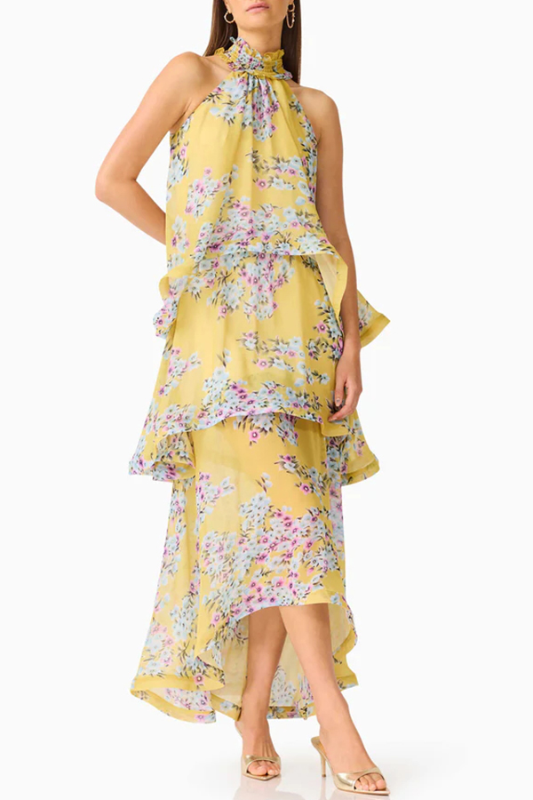 Briony Georgette Fabric Floral Print Pleated High Neck Tiered A-line Maxi Dress