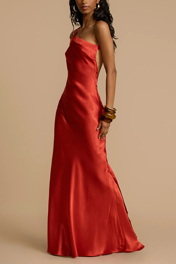 Moonlit Soiree Satin Asymmetrical One Shoulder Backless Strap Maxi Dress | Consonak