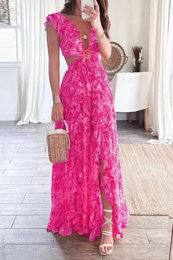 Boldest Bloom Floral Printed Ruffle Sleeve Cutout Maxi Dress-consonak