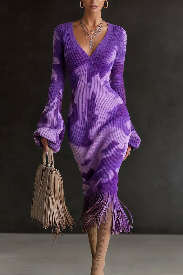 Unique Printed V-neck Long-sleeved Elegant Tassel Hem Midi Dress-consonak