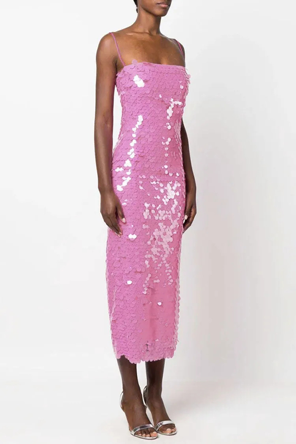 Sexy Sequined Halter-neck Backless Slim Fit Slit Midi Dress-consonak