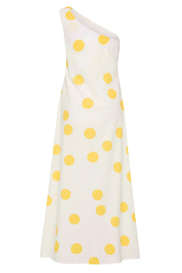 Sunlight Shines Linen Blend Colorblock Polka Dot Print One Shoulder A-line Maxi Dress-consonak