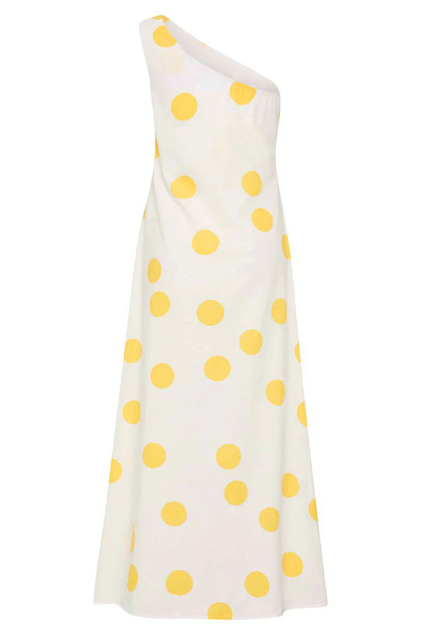 Sunlight Shines Linen Blend Colorblock Polka Dot Print One Shoulder A-line Maxi Dress-consonak